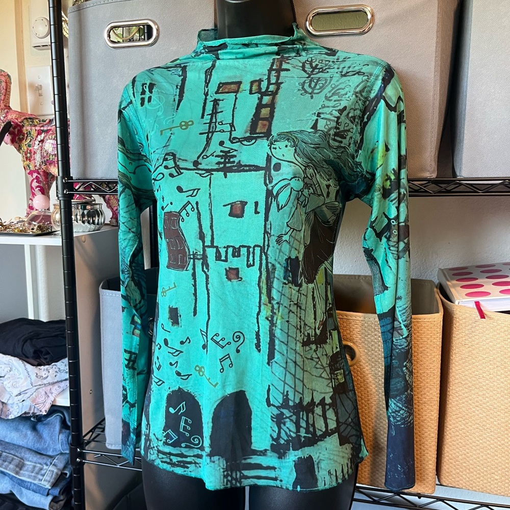 Women's Long-Sleeve Teal Graphic Mock-Neck Top